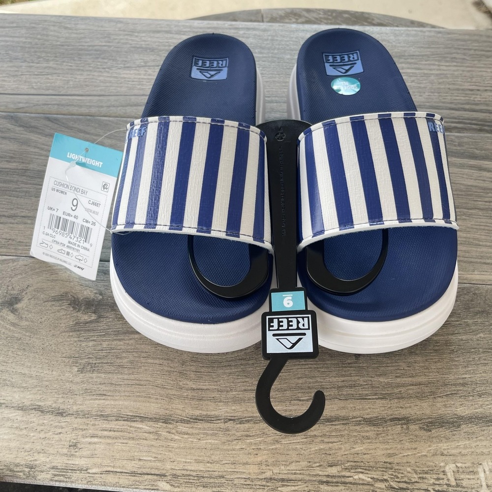 Reef Cushion Bondi Bay Sandals Women 9 Blues White Platform Slides CJ6687‎ NEW